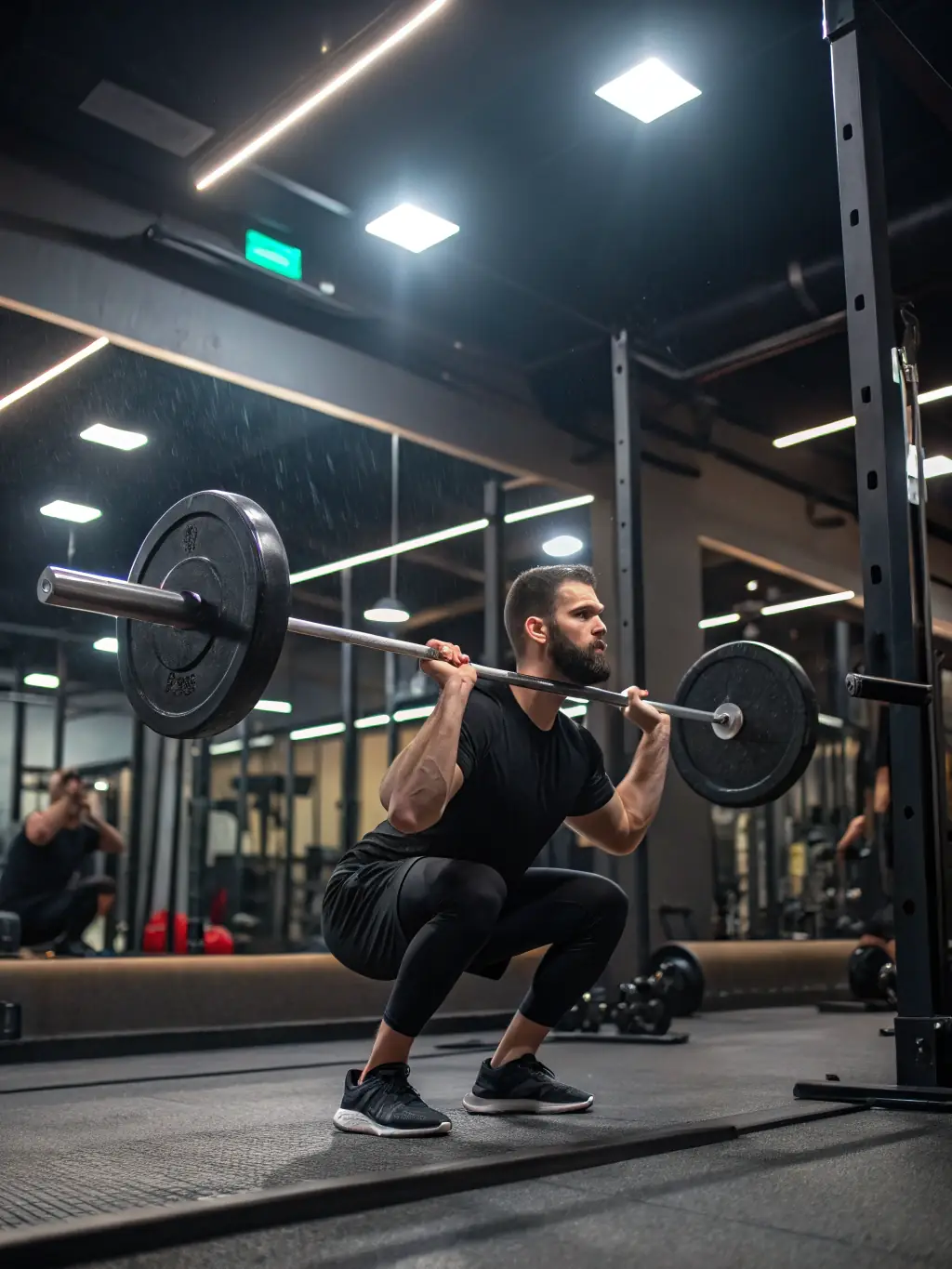 A person doing squats with a barbell in a modern gym, focusing on proper form and technique, under the guidance of a fitness coach.
