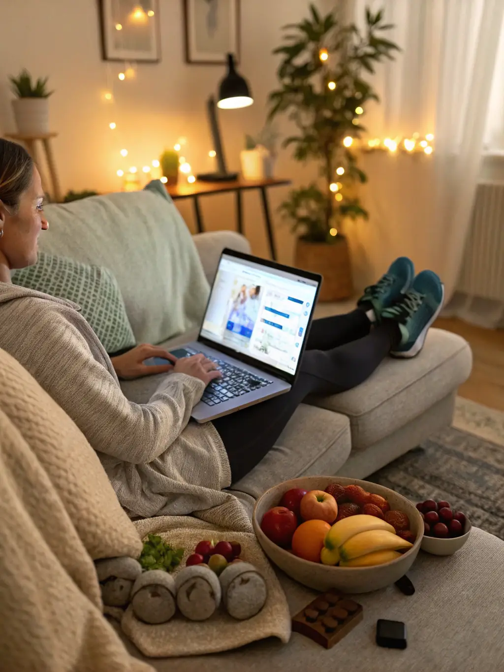 A person participating in an online fitness coaching session, interacting with their coach via video call and following a workout routine at home.